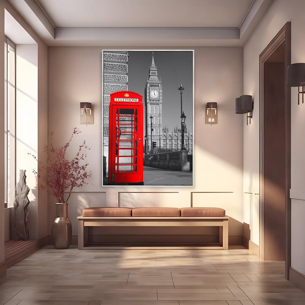 Tablou canvas cu tablou canvas cu cabina rosie si big ben, in rama de aluminiu argintiu